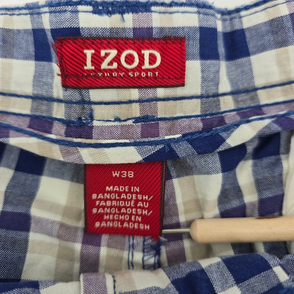 IZOD Madras Shorts Mens Luxury Sport Plaid Flat Front Navy Tan 38W MSRP $60 NEW